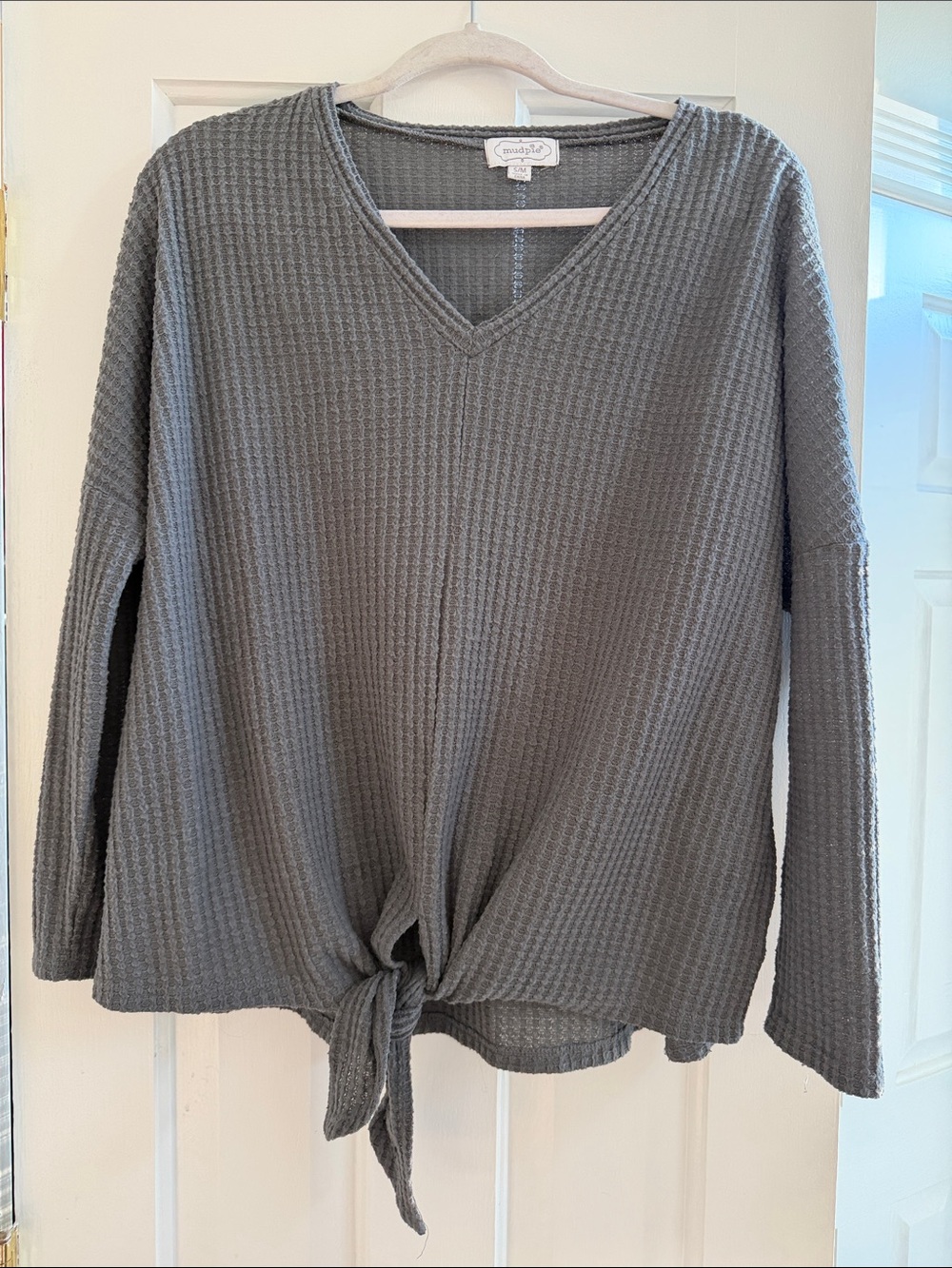 Mud Pie Gray Waffle Knit Top with Tie Detail